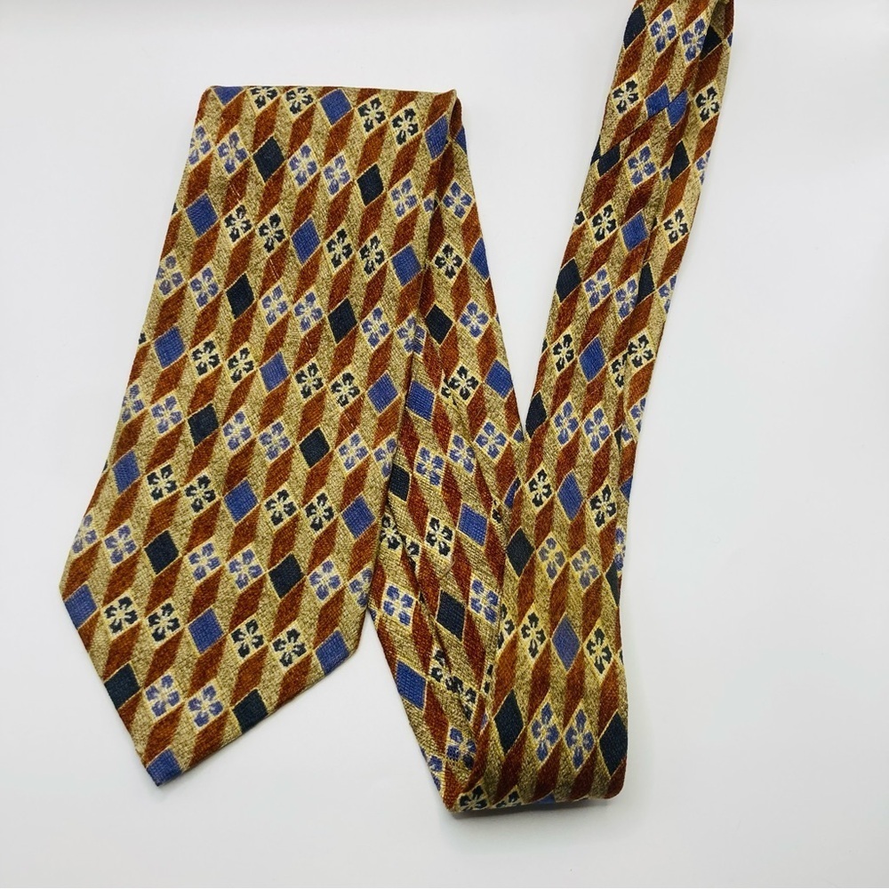 Ermenegildo Zegna gold orange and blue vintage geometric print silk tie. - Picture 1 of 4
